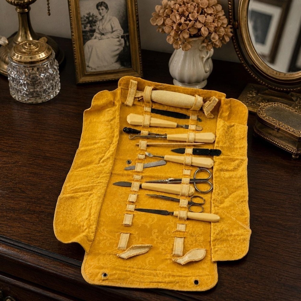Antique Victorian Manicure Grooming Set Roll Case Celluloid Solingen 1900s